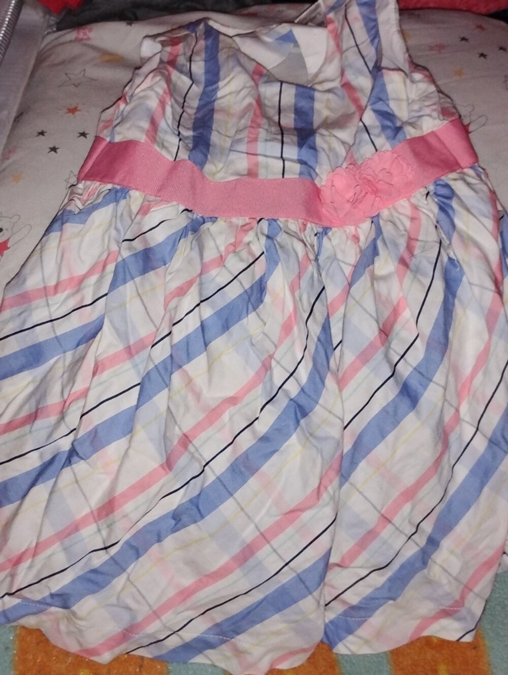 Baby/Infant Girls Pink, Blue & White Striped Dress with Floral Waistband